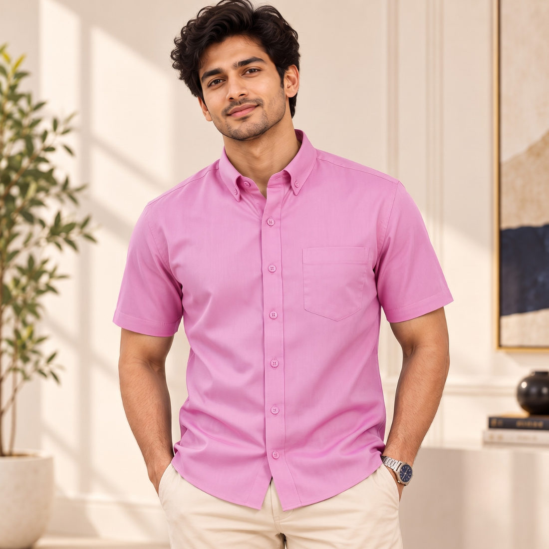 Premium Solid Half Sleeve Shirt for Men | Pink ( S4 )
